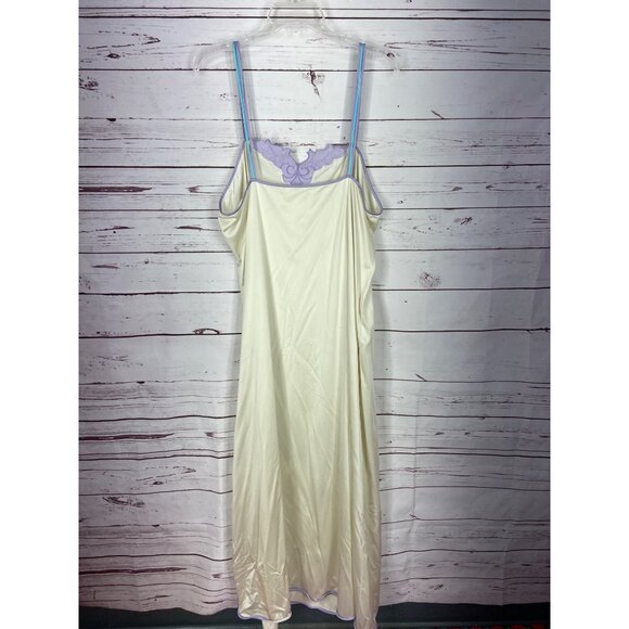 Vintage 60s Vanity Fair Ivory With Purple Blue Straps Long XL Nightie Embroidere - Picture 2 of 7